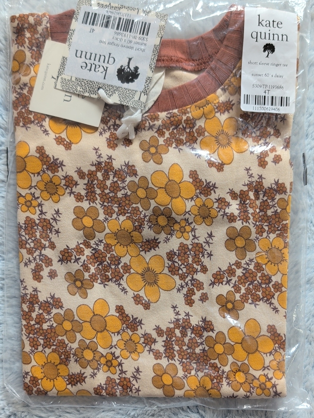 NWT 4T Kate Quinn Short Sleeve Ringer Tee Sunset 60s Daisy Floral T-shirt 70s